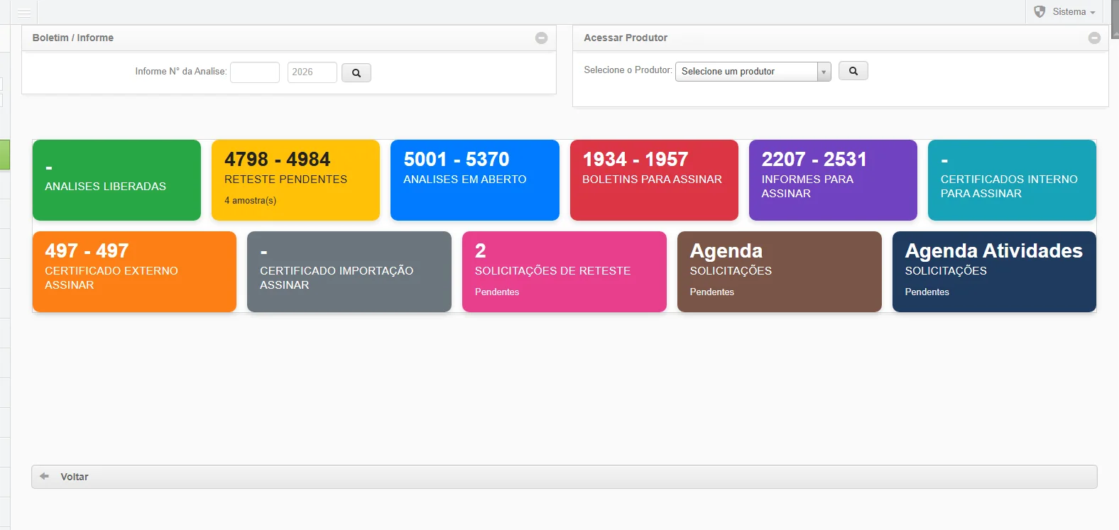 Tela real do SISLAB — Visão operacional